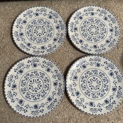 Set of 4 Dinner Plates Stoneware 26cm La Mediterranea Blue/white design 