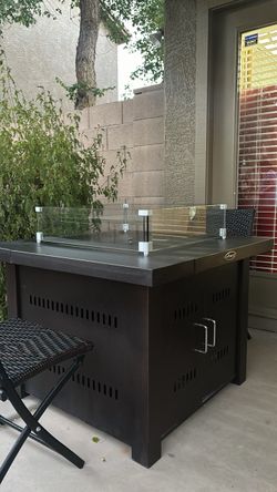 Hiland Propane FirePit Table With Reflective Glass Crystals & Glass Windscreen