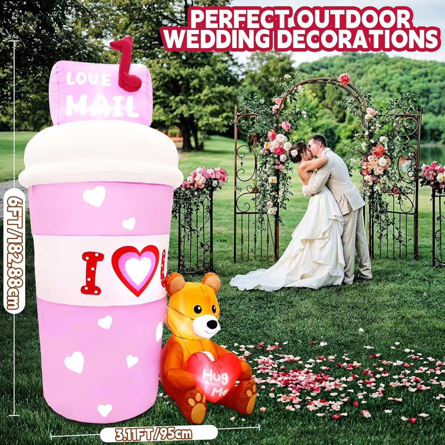Valentine Inflatables Outdoor Decoration, 6FT Valentines Day Inflatable Mail Coffee Cup, Pink Lighted Valentines Blow Up with Teddy Bear for Garden La