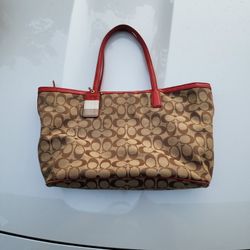  Authentic Coach 23465 Weekend Medium Zip Top Tote BKHRD Khaki Red 