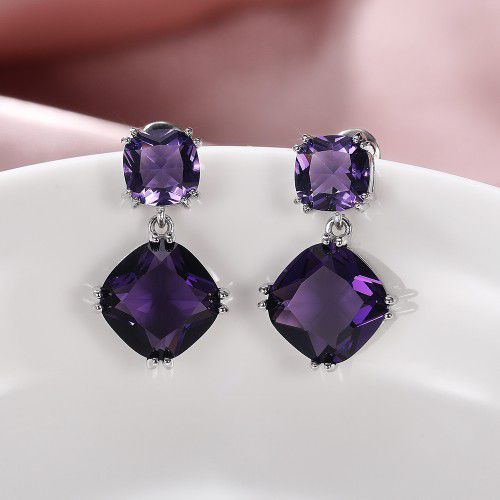 "Noble Royal Purple Double Square Zircon Silver Plated Drop Earrings, P1016
 
  
