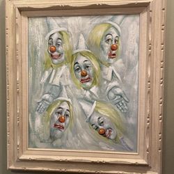 Pre Owned Large Rare Clown Of Many Faces Oil Painting Framed/Signed By Kennedy 