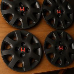Set of 4 Genuine Black Honda Hubcaps – Wheel Covers with Red H Logo (Used, Good Condition)