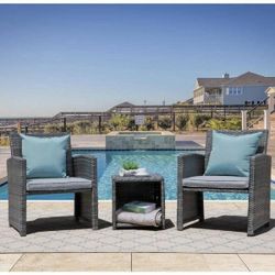 Patio Furniture Set 3pc Gray Wicker with Gray Cushions New