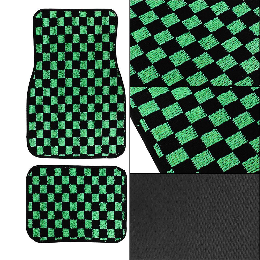 Brand New 4PCS UNIVERSAL CHECKERED Green Racing Fabric Car Floor Mats Interior Carpets