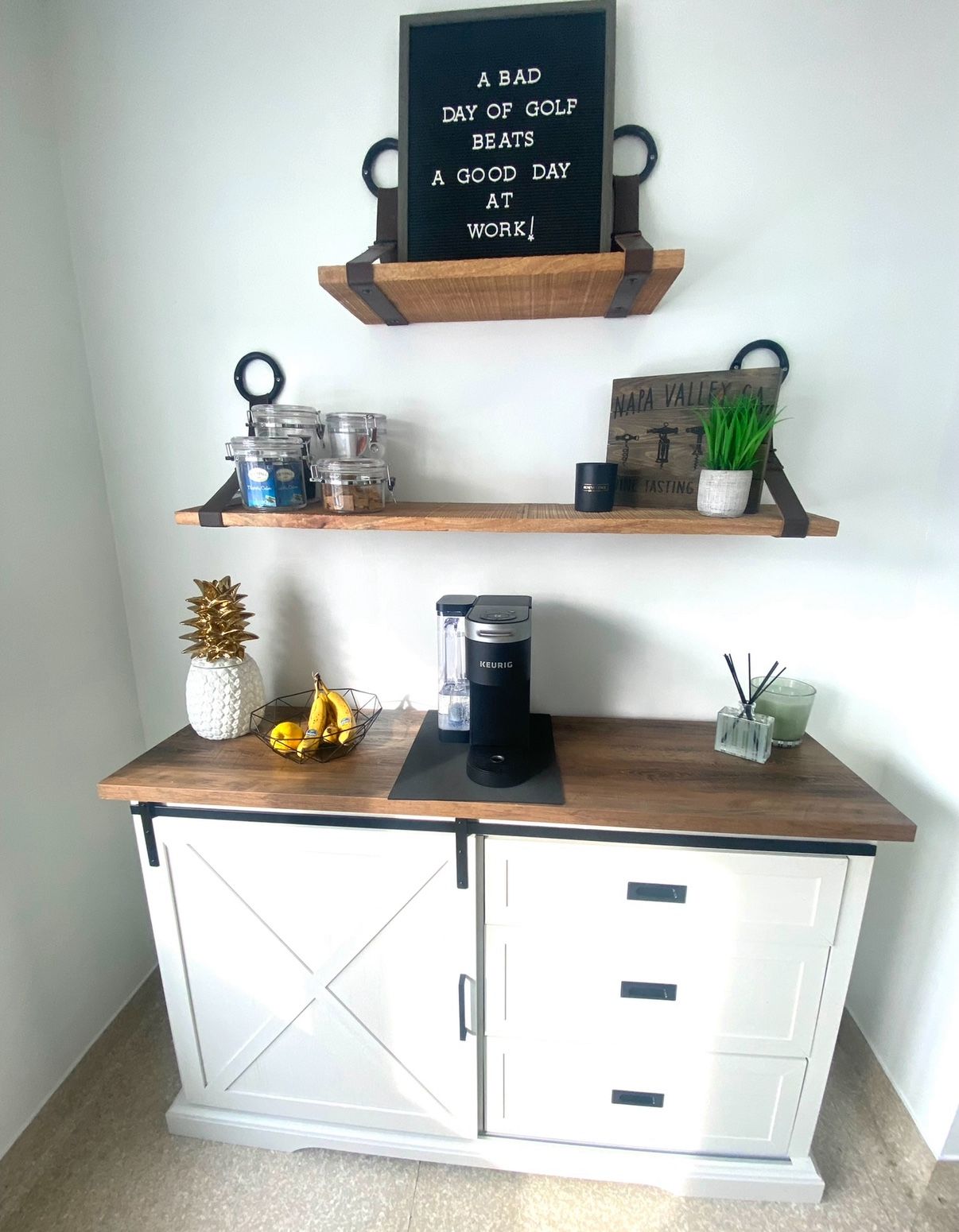 White & Wooden Top Farmhouse Sideboard With A Silent Sliding Door And Three Drawers