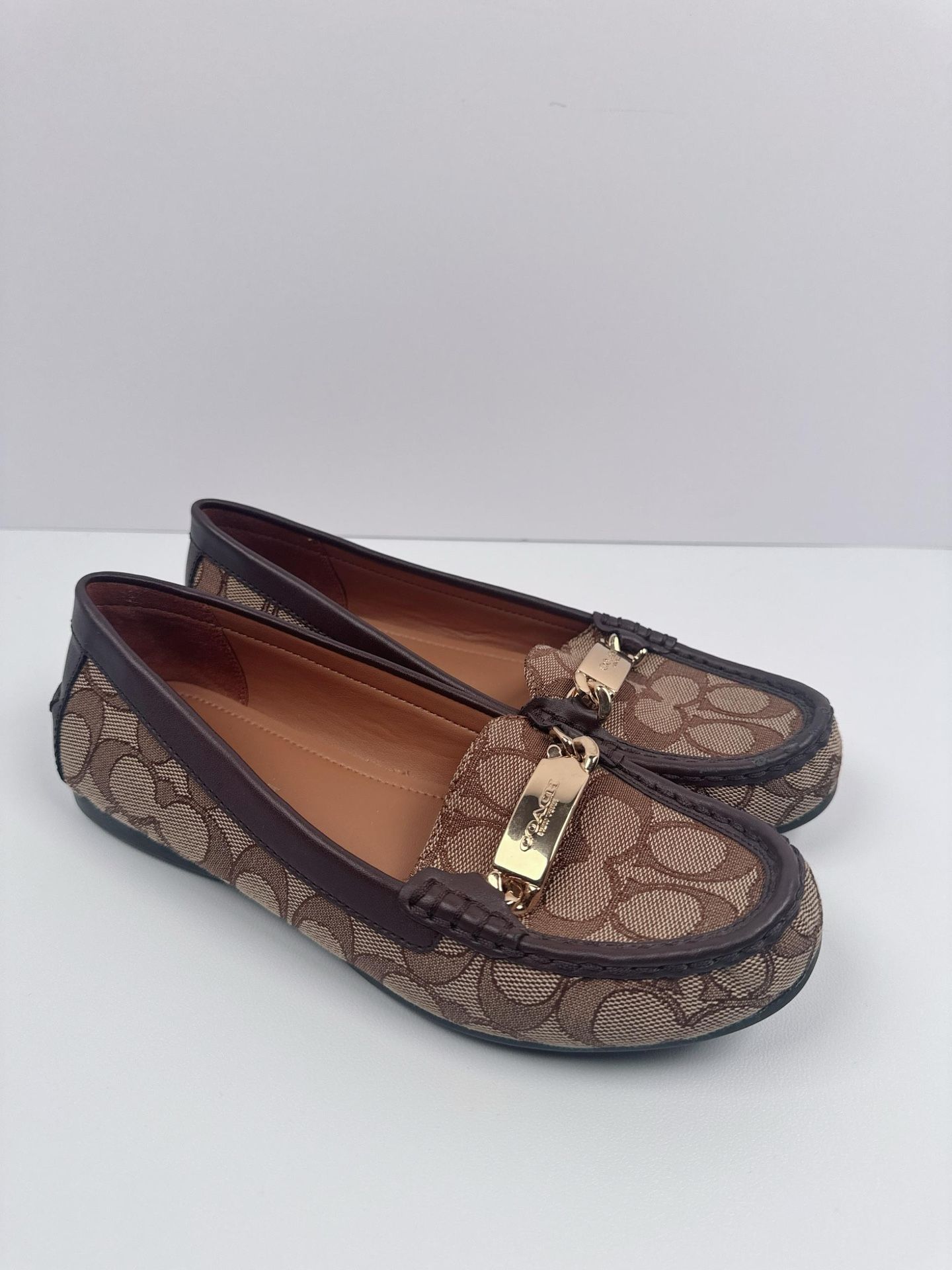 Coach Signature Jacquard Womens Size 7B Olive Tan Brown Slip On Loafer