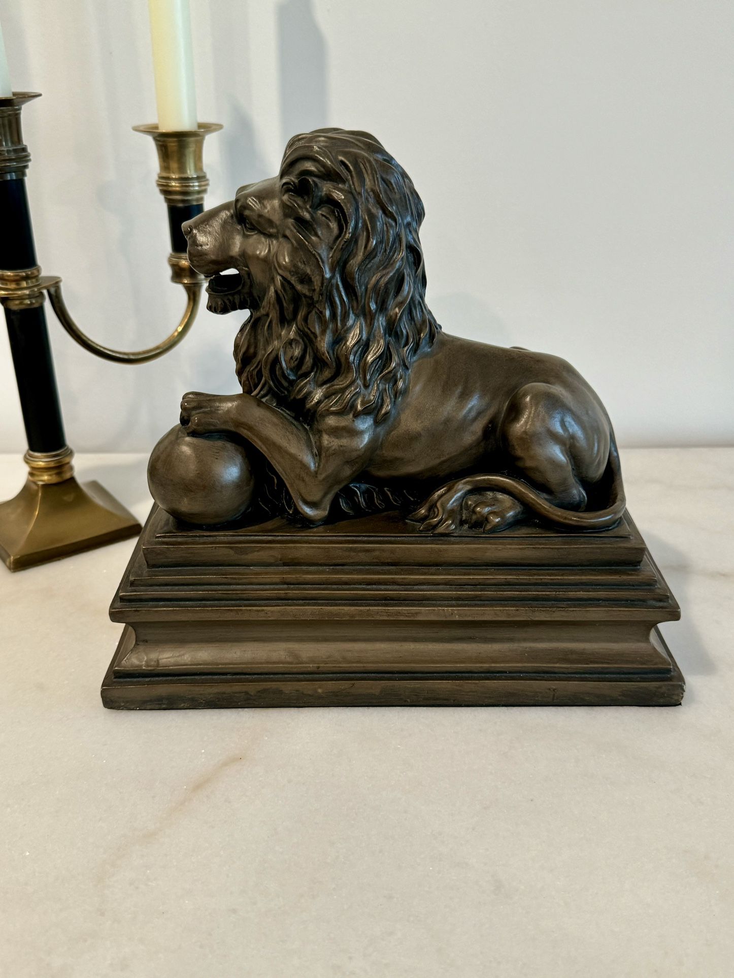Vintage Resin Lion With A Ball Mantle Statute