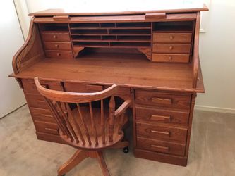 Oak Roll Top Desk and Matching Chair