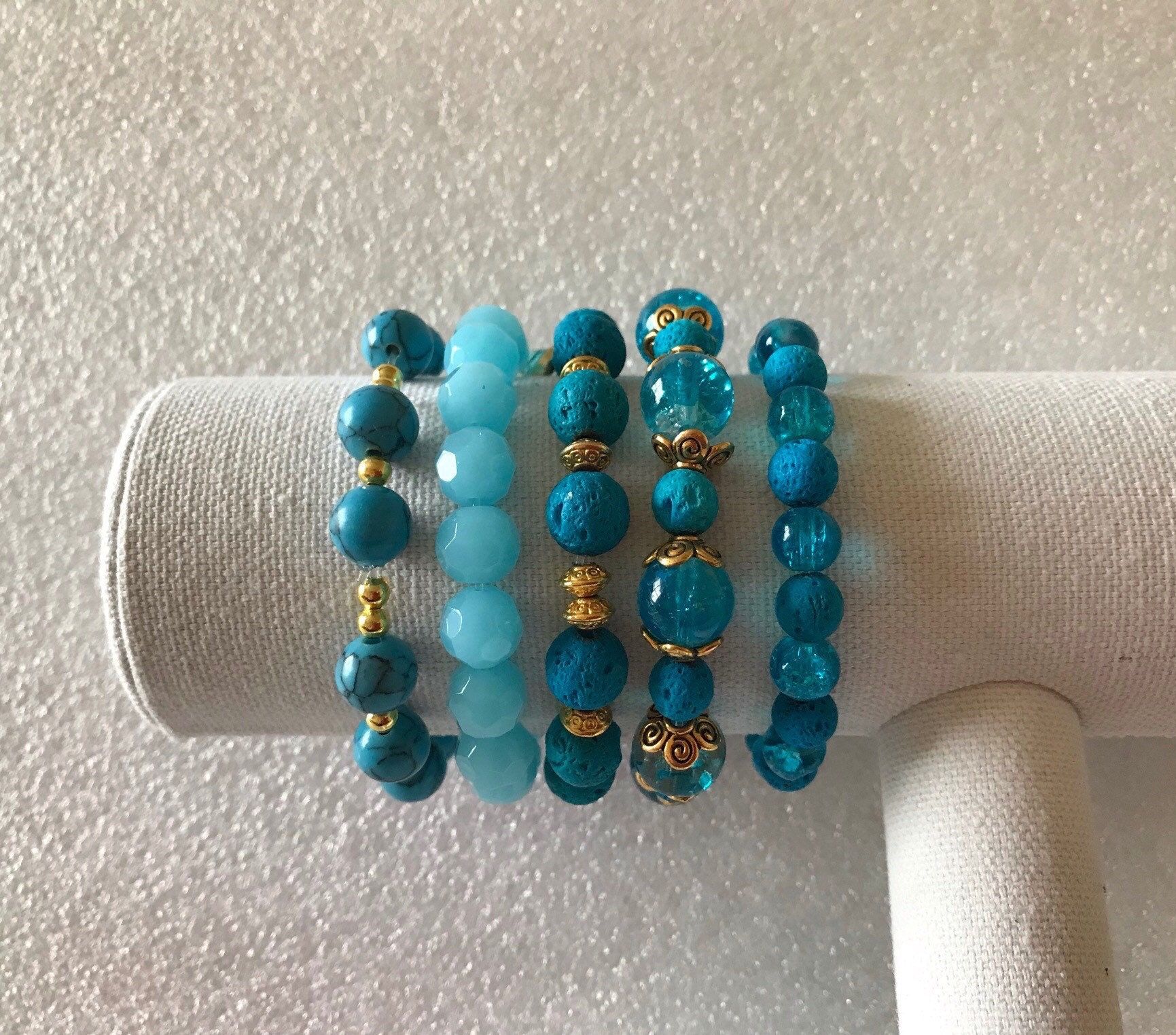 Stretch Bracelets/Bracelets/Beaded Stacking Bracelet/Healing Stones/Blue Turquoise/Women's Bohemian/Vintage/Faceted Bracelets/Gold