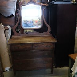 Vintage Wooden Vanity with Adjustable Mirror and Storage Drawers