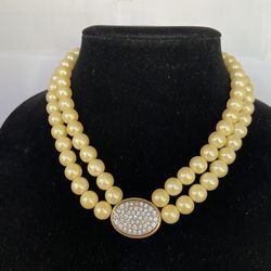 Vintage Designer Double Strand Pearls With Pendant And Crystal Clasp