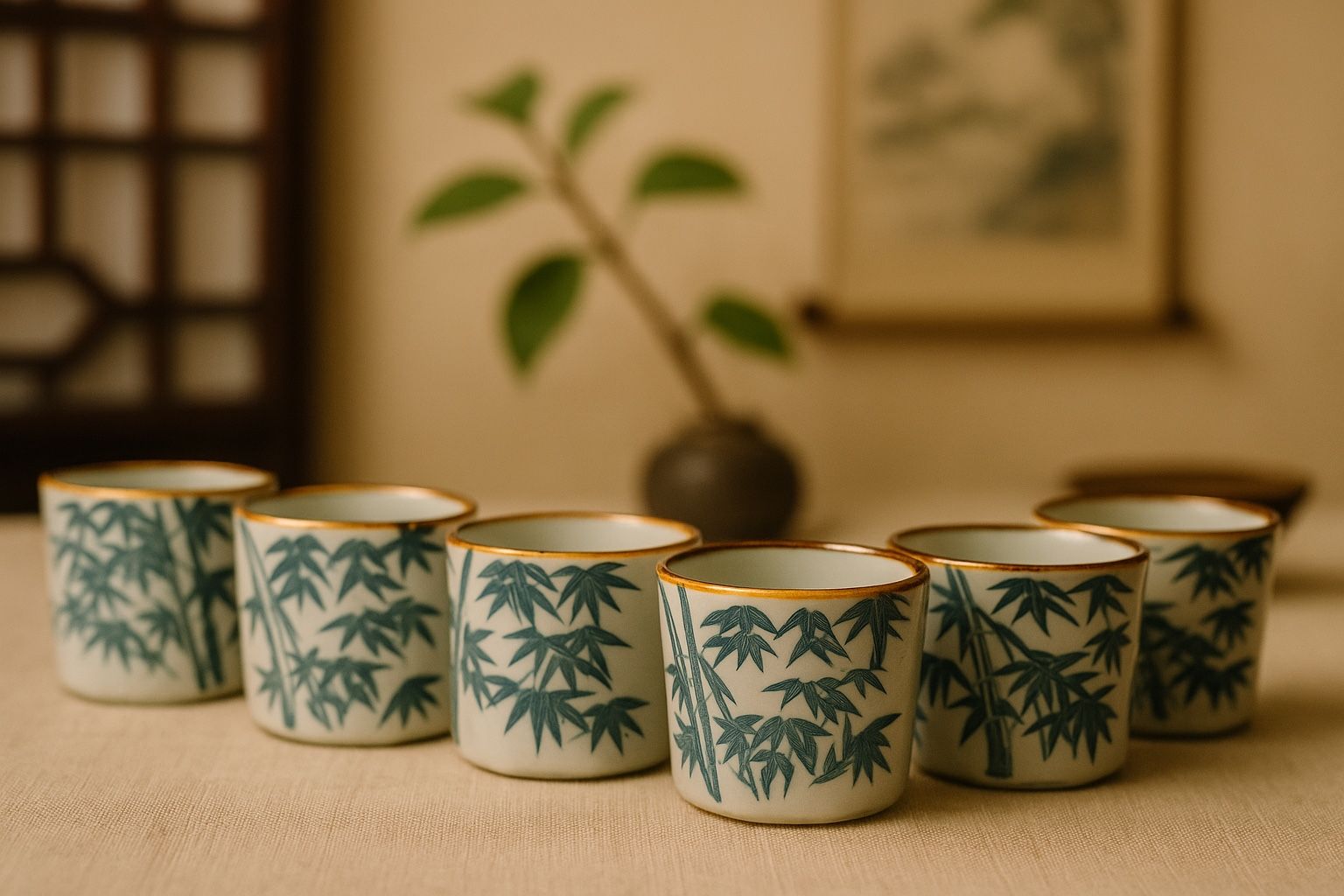 Japanese 1950s Bamboo Print Octagonal Cups Set of 6, 2.75x2.5”