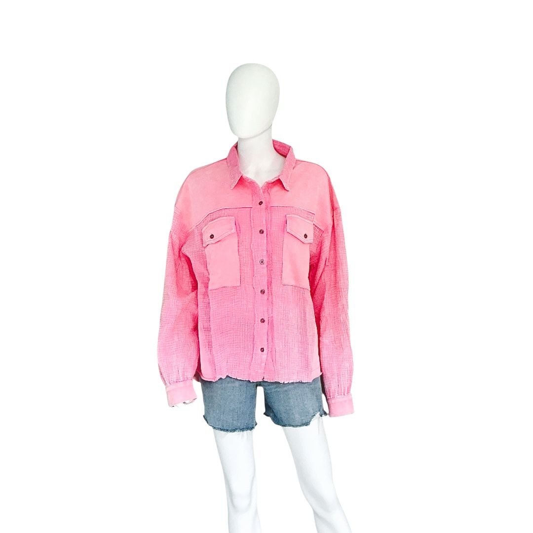FANTASTIC FAWN oversized Washed Out Pink Button Front Top Sz Medium