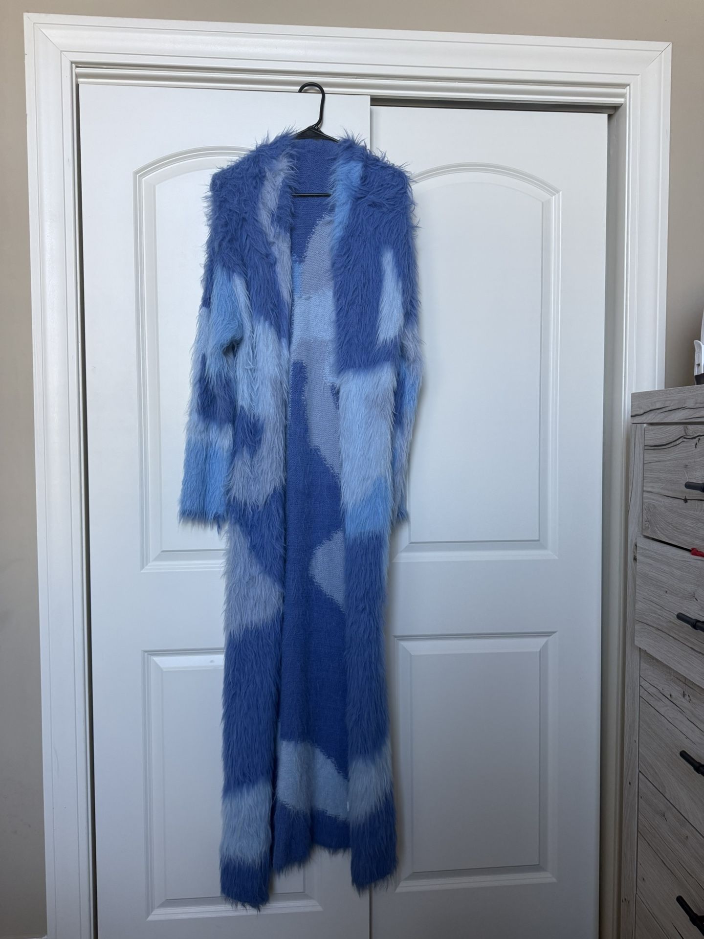 Blue Ombre Faux Fur Knit Cardigan – Long Statement Coat