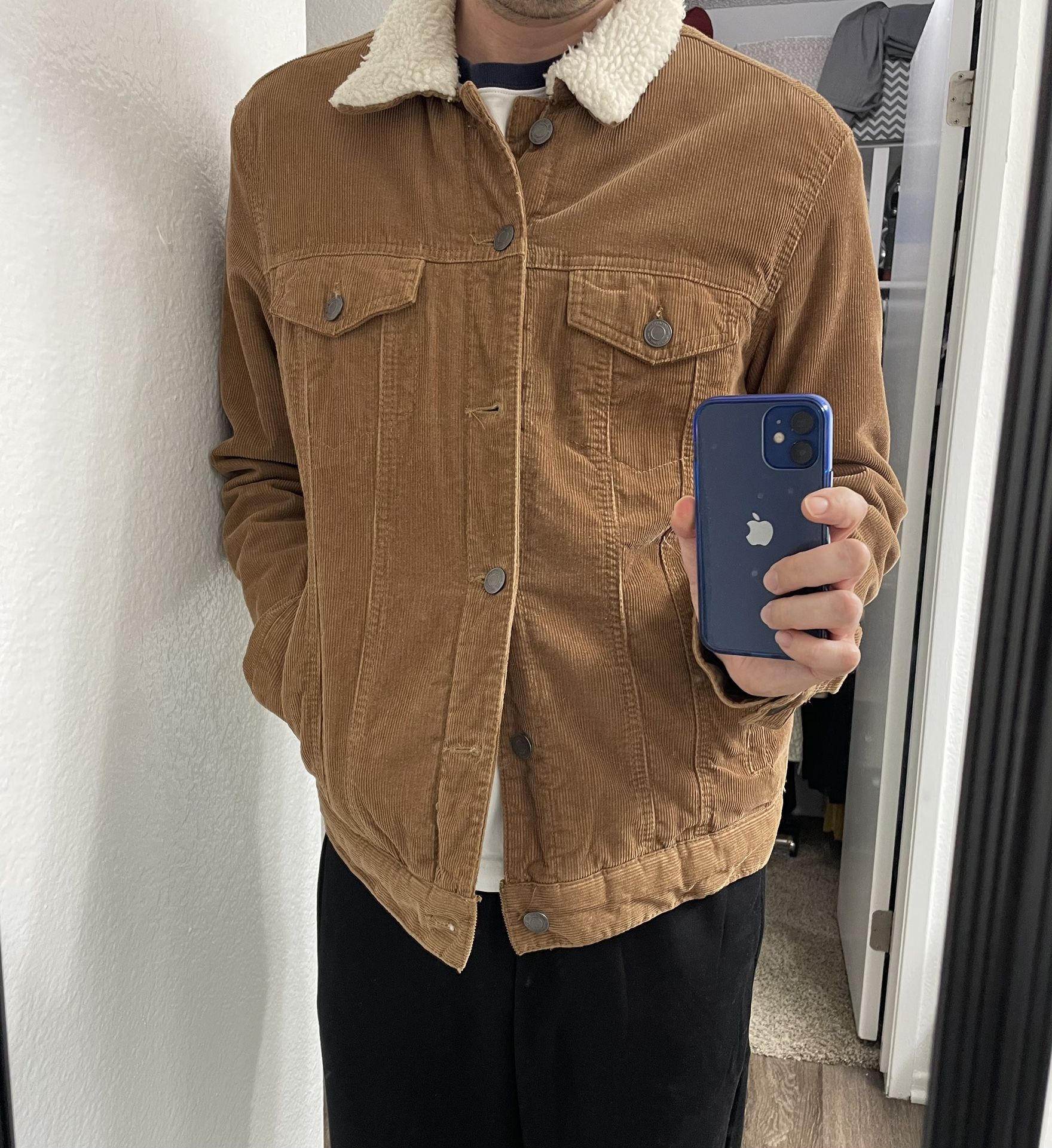 Corduroy Trucker Jacket Sherpa Lined Men Small 