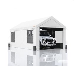 10x20ft Carport, Reinforced Steel Poles with Removable Sidewalls and Doors, Roll-Up Windows