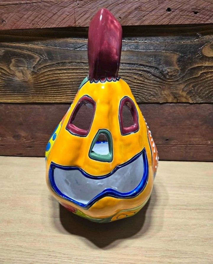 Talavera Pottery Mexican Folk Art Pumpkin Jack O Lantern Halloween Large over 1ft