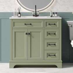 36" Green Bathroom Vanity with Ceramic Sink, Freestanding Cabinet