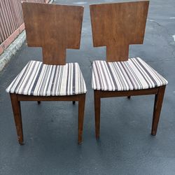 Pair of Angular Back Wood Chairs with Striped Seats