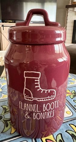 Rae Dunn Flannel Boots & Bonfires Ceramic Canister