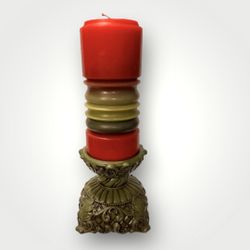 Vintage 1960’s Dark Green Ornate Ceramic Pillar Pedestal Candle Holder/No Candle