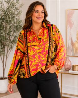 NWT Women's 3X Pink & Gold Baroque Print Blouse