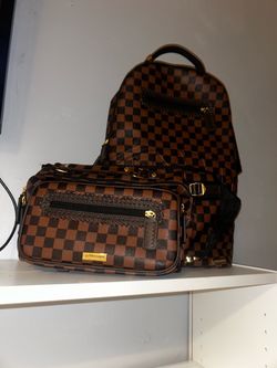 Checkered Brown Backpack and Belt Bag Set