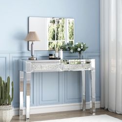 Mirrored Vanity Table Diamond Inlay 2 Drawer Silver Drawer 2 Drawers Bedroom Luxury, Modern Mirrored Finish Mirrored Mdf Glass, Mirror
