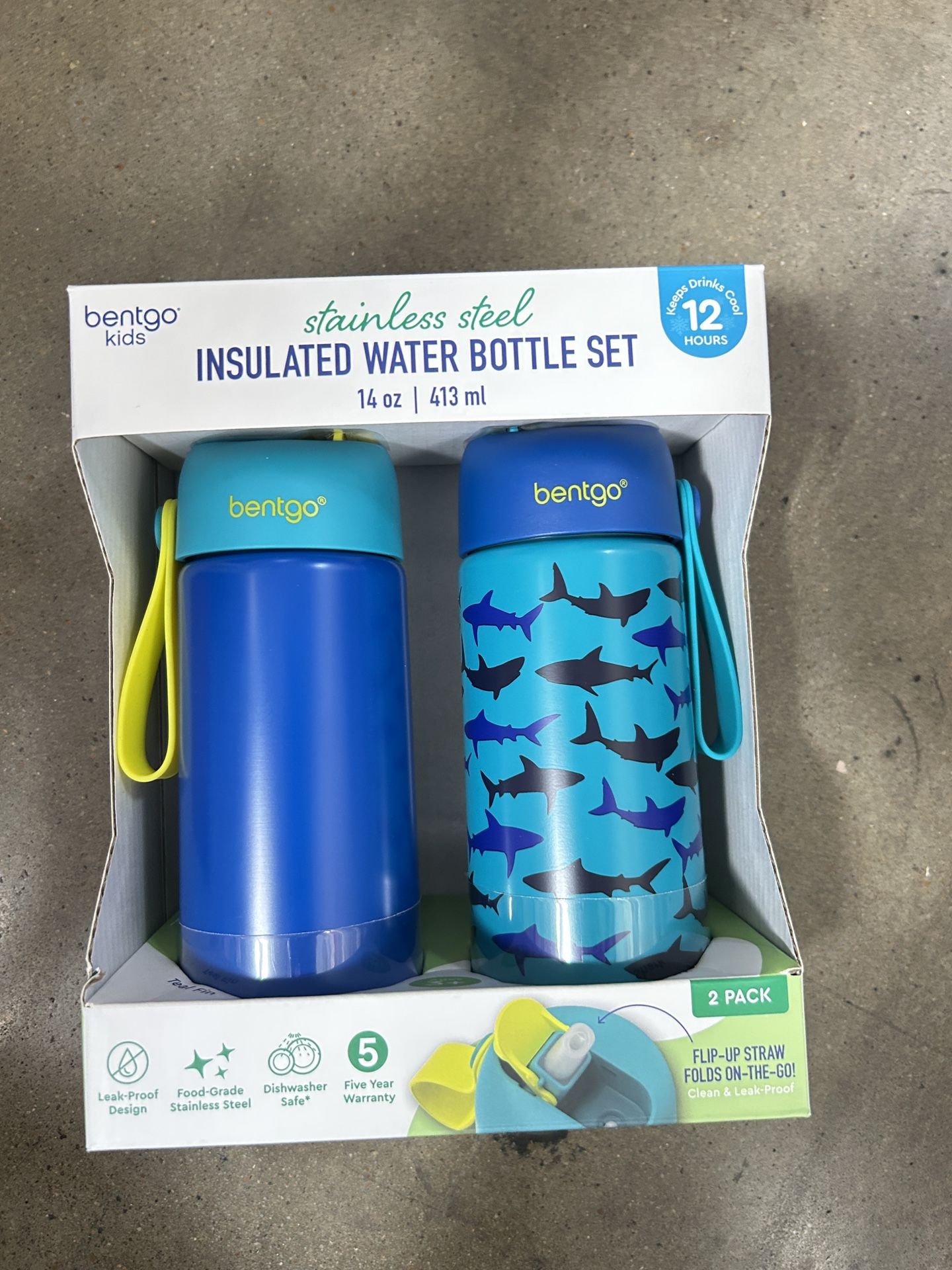 Bentgo Kids Blue and Shark Pattern Insulated Water Bottle Set