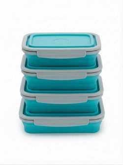 Brand New Set of 4 Collapsible Silicone Food Storage Containers with Lids, Teal/Grey, Airtight Food Savers