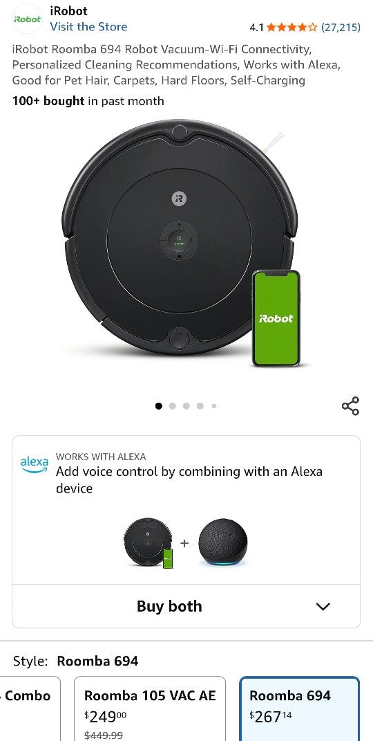 iRobot Roomba 694 Robot Vacuum-Wi-Fi Connectivity, Personalized Cleaning Recommendations, Works with Alexa, Good for Pet Hair, Carpets, Hard Floors, S