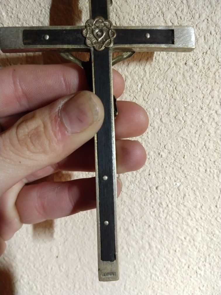 Antique wooden crucifix from the late 1800 with an ebony wood inlay and stamped Germany with a Skull & Crossbones