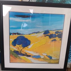 Blue Trees Field Painting, Framed With Glass