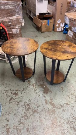 Industrial Small Round End Side Table for Living Room Set of 2, 2-Tier Side Table Sofa Table with Storage Rack and Metal Frame for Small Spaces Office