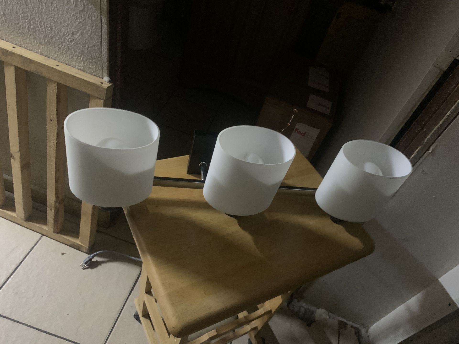 Used 3-Light Brushed Nickel Vanity Light Only Problem One Glass Shade Is Broken Selling As Is