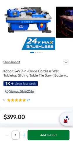🔥$200 🔥Kobalt 24V 7-in -Blade Cordless Wet Tabletop Tile Saw ( Battery Included )