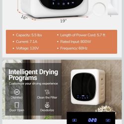 COSTWAY Portable Clothes Dryer, 1.5 cu.ft Compact Drying Machine with Stainless Steel Tub & LED Touch Panel, 800W Electric Laundry Dryer with Intellig