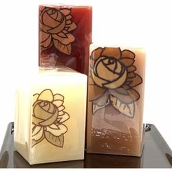 3 NIB Square Pillar Candles With Tray Retired Spa Finder By AVON 2008 Earthly Floral Design