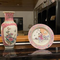 Asian Vase Hand painted W Pink Yellow Green Colors 