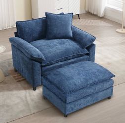 Keylanta blue Chenille oversized armchair with ottoman
