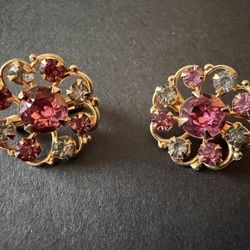Pair Of vintage pink, Red, and Clear  rhinestone pins , from the 1950s 