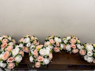 Set of 7 Peach and White Artificial Rose Centerpieces