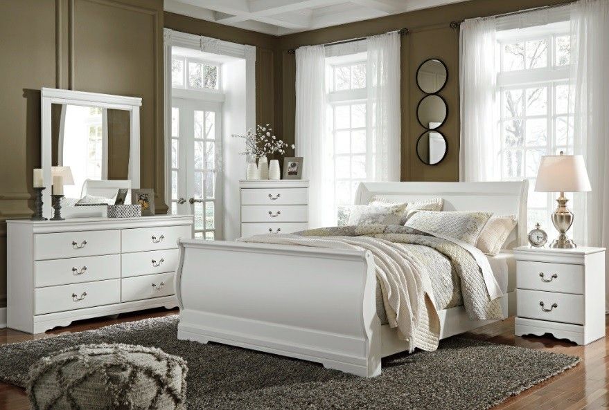 Anarasia - White - 5 Pc. - Dresser, Mirror, Queen Sleigh Bed
