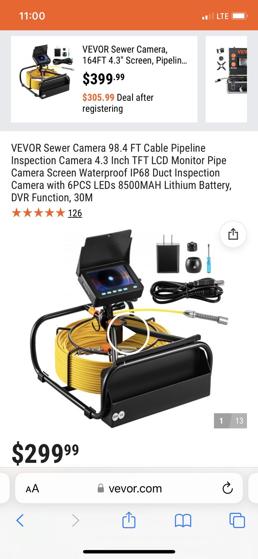 VEVOR Sewer Camera 98.4 FT Cable Pipeline Inspection Camera 4.3 Inch