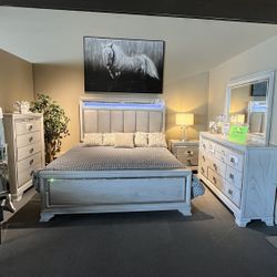 Grey King Bed, Dresser, Mirror And One Nightstand