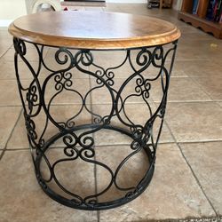 Wrought Iron Black Side Table/Plant Stand With Wood Top