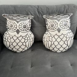 Set Of Two Owl Throw Pillow Silver Sequins White