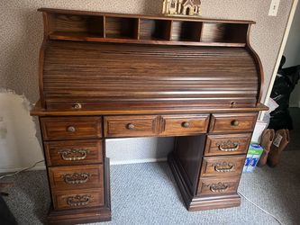 Vintage Wood Roll Top Desk with Drawers