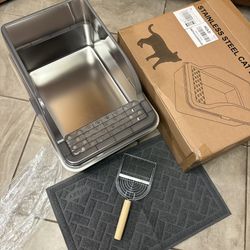 XL Extra Large Stainless Steel Cat Litter Box with Lid Mat And Scoop
